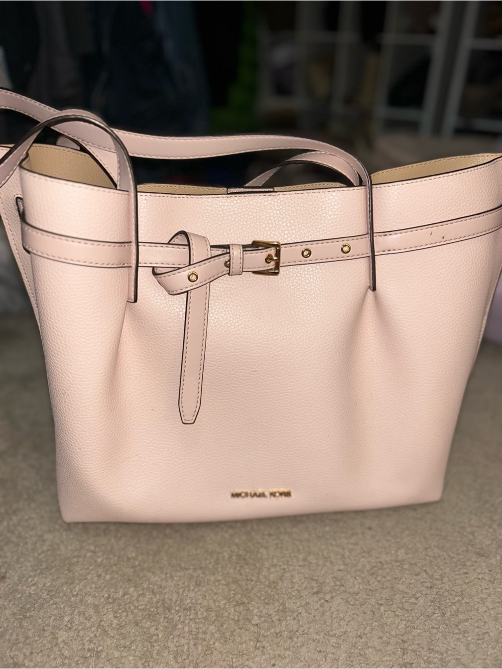 Michael Kors Blush Pink Pebbled Leather Tote with Belt Detail